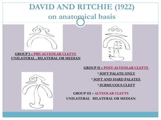 DAVID AND RITCHIE (1922)
on anatomical basis
GROUP III – ALVEOLAR CLEFTS
UNILATERAL BILATERAL OR MEDIAN.
GROUP I – PRE-ALVEOLAR CLEFTS
UNILATERAL , BILATERAL OR MEDIAN
GROUP II – POST-ALVEOLAR CLEFTS
• SOFT PALATE ONLY
• SOFT AND HARD PALATES
• SUBMUCOUS CLEFT
 