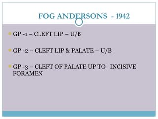 FOG ANDERSONS - 1942
GP -1 – CLEFT LIP – U/B
GP -2 – CLEFT LIP & PALATE – U/B
GP -3 – CLEFT OF PALATE UP TO INCISIVE
FORAMEN
 