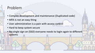 Problem
• Complex development and maintenance (Duplicated code)
• MFA is not an easy thing
• User administration is a pain with access control
• Hard to keep system secure
• No single sign on (SSO) everyone needs to login again to different
systems
 