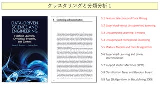 クラスタリングと分類分析１
5.1 Feature Selection and Data Mining
5.2 Supervised versus Unsupervised Learning
5.3 Unsupervised Learning: k-means
5.4 Unsupervised Hierarchical Clustering
5.5 Mixture Models and the EM algorithm
5.6 Supervised Learning and Linear
Discrimination
5.7 Support Vector Machines (SVM)
5.8 Classification Trees and Random Forest
5.9 Top 10 Algorithms in Data Mining 2008
 