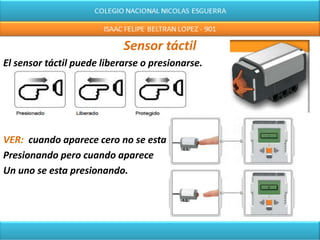 Sensor táctil
El sensor táctil puede liberarse o presionarse.
VER: cuando aparece cero no se esta
Presionando pero cuando aparece
Un uno se esta presionando.
 