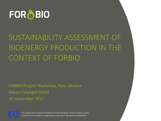 This project has received funding from the European Union's Horizon 2020
research and innovation programme under grant agreement No691846.
This project has received funding from the European Union's Horizon 2020
research and innovation programme under grant agreement No691846.
SUSTAINABILITY ASSESSMENT OF
BIOENERGY PRODUCTION IN THE
CONTEXT OF FORBIO
FORBIO Project Workshop, Kiev, Ukraine
Marco Colangeli (FAO)
20 September 2017
 