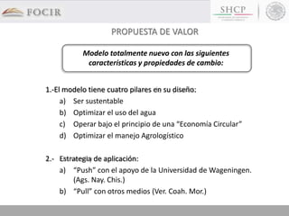 1.-El modelo tiene cuatro pilares en su diseño:
a) Ser sustentable
b) Optimizar el uso del agua
c) Operar bajo el principio de una “Economía Circular”
d) Optimizar el manejo Agrologístico
2.- Estrategia de aplicación:
a) “Push” con el apoyo de la Universidad de Wageningen.
(Ags. Nay. Chis.)
b) “Pull” con otros medios (Ver. Coah. Mor.)
Modelo totalmente nuevo con las siguientes
características y propiedades de cambio:
PROPUESTA DE VALOR
 