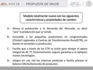 PROPUESTA DE VALOR
A.- Alinea la producción a la demanda del Mercado, es decir
“jala” la producción que se vende.
B.- Consolida a los pequeños productores en conglomerados
(Clúster) regionales o Centros de Transformación Rural(CTR), en
donde se consolida su producción.
C.- Facilita que a través de los CTR se actúe para otorgar el apoyo
integral de AT, TT, financiamiento, seguro, garantías y se apliquen
nuevas tecnologías.
D.- Integra en una red los sistemas producto y facilita planear el
balance Oferta/Demanda de productos
Modelo totalmente nuevo con las siguientes
características y propiedades de cambio:
 