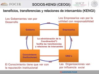 beneficios, transferencias y relaciones de intercambio (KENGI)
Las Organizaciones van
por influencia social
La administración de la
Coordinación(*)
facilita las transferencias
y relaciones de intercambio
Gobierno Empresarios
Conocimiento
(Instituciones)
ONG’s
Los Gobernantes van por
Desarrollo
El Conocimiento tiene que ver con
la reputación institucional
Los Empresarios van por la
utilidad con responsabilidad
(*)AGROPARK-FOCIR
SOCIOS-KENGI (CEOGI):
 