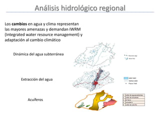 Análisis hidrológico regional
Extracción del agua
Acuíferos
Dinámica del agua subterránea
Los cambios en agua y clima representan
las mayores amenazas y demandan IWRM
(Integrated water resource management) y
adaptación al cambio climático
 