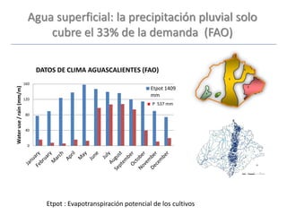 Agua superficial: la precipitación pluvial solo
cubre el 33% de la demanda (FAO)
0
40
80
120
160
Wateruse/rain(mm/m)
DATOS DE CLIMA AGUASCALIENTES (FAO)
Etpot 1409
mm
P 537 mm
Etpot : Evapotranspiración potencial de los cultivos
 