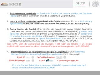 1. Ser inversionista minoritario en Fondos de Capital por cuenta y orden del Gobierno
Federal para atraer la inversión privada al sector rural y agroindustrial.
2. Hacer y verificar la constitución de Fondos de Capital para inversión en el sector rural y
agroindustrial; FONDO DE INVERSIÓN DE CAPITAL PARA LOS AGRONEGOCIOS (FICAS)
3. Operar Fondos de Capital. Con 10 años de experiencia como entidad financiera
(1993-2002) de primer piso (invirtiendo directamente en las empresas) y nueve más
operando simultáneamente en primero y segundo piso, hemos creado un equipo que
no solo ha sido capaz de diseñar estos fondos (incorporando prácticas de gobierno
corporativo), sino además de operar Temporalmente 6 de ellos (FICA 1, FICA 2, FICA
SURESTE, FICA Sureste 2, FICA ACTIVA FICA Logistics y FICA AGROPyME).
Con 5,195 MDP de compromiso de inversión (1,755 MDP de FOCIR), y un efecto
multiplicador de al menos 4, daría una inversión total mínima esperada de 20,780 MDP.
4. Operar Programas de Financiamiento Integral a Largo Plazo. FOCIR administra
diversos Programas de entidades públicas y privadas, como por ejemplo
PyME SE SAGARPA Fondea
SENER Bioenergia F de F Cartera Agronegocios
Con una Cartera Administrada de aprox. 5,200MDP, con un multiplicador de 3
veces, se estima una inversión de 15,600MDP.
 