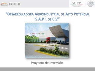 “DESARROLLADORA AGROINDUSTRIAL DE ALTO POTENCIAL
S.A.P.I. DE C.V.”
Proyecto de inversión
 