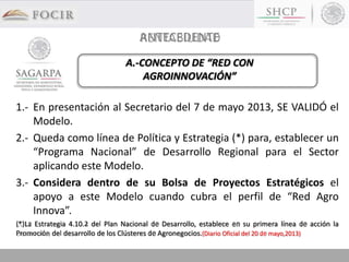 ANTECEDENTE
1.- En presentación al Secretario del 7 de mayo 2013, SE VALIDÓ el
Modelo.
2.- Queda como línea de Política y Estrategia (*) para, establecer un
“Programa Nacional” de Desarrollo Regional para el Sector
aplicando este Modelo.
3.- Considera dentro de su Bolsa de Proyectos Estratégicos el
apoyo a este Modelo cuando cubra el perfil de “Red Agro
Innova”.
(*)La Estrategia 4.10.2 del Plan Nacional de Desarrollo, establece en su primera línea de acción la
Promoción del desarrollo de los Clústeres de Agronegocios.(Diario Oficial del 20 de mayo,2013)
A.-CONCEPTO DE “RED CON
AGROINNOVACIÓN”
 