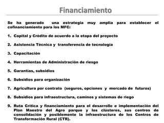 Se ha generado una estrategia muy amplia para establecer el
cofinanciamiento para los MFC:
1. Capital y Crédito de acuerdo a la etapa del proyecto
2. Asistencia Técnica y transferencia de tecnología
3. Capacitación
4. Herramientas de Administración de riesgo
5. Garantías, subsidios
6. Subsidios para organización
7. Agricultura por contrato (seguros, opciones y mercado de futuros)
8. Subsidios para infraestructura, caminos y sistemas de riego
9. Ruta Crítica y financiamiento para el desarrollo e implementación del
Plan Maestro del Agro parque y los clústeres, sus centros de
consolidación y posiblemente la infraestructura de los Centros de
Transformación Rural (CTR).
Financiamiento
 