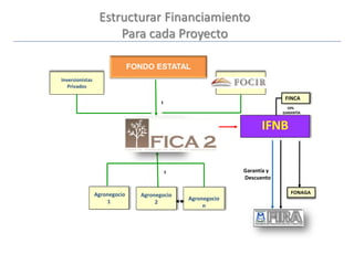 Estructurar Financiamiento
Para cada Proyecto
Inversionistas
Privados
Gobierno Federal
10%
GARANTÍA
$
FONAGA
Garantía y
Descuento
FINCA
IFNB
Agronegocio
1
Agronegocio
n
…Agronegocio
2
$
FONDO ESTATAL
 