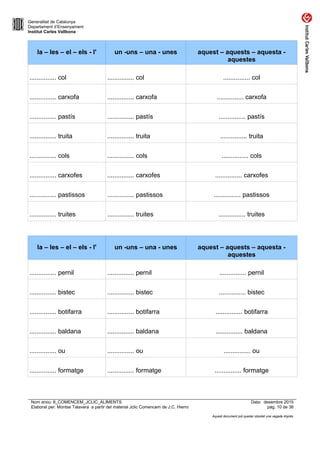 Generalitat de Catalunya
Departament d’Ensenyament
Institut Carles Vallbona
la – les – el – els - l' un -uns – una - unes aquest – aquests – aquesta -
aquestes
............... col ............... col ............... col
............... carxofa ............... carxofa ............... carxofa
............... pastís ............... pastís ............... pastís
............... truita ............... truita ............... truita
............... cols ............... cols ............... cols
............... carxofes ............... carxofes ............... carxofes
............... pastissos ............... pastissos ............... pastissos
............... truites ............... truites ............... truites
la – les – el – els - l' un -uns – una - unes aquest – aquests – aquesta -
aquestes
............... pernil ............... pernil ............... pernil
............... bistec ............... bistec ............... bistec
............... botifarra ............... botifarra ............... botifarra
............... baldana ............... baldana ............... baldana
............... ou ............... ou ............... ou
............... formatge ............... formatge ............... formatge
Nom arxiu: 8_COMENCEM_JCLIC_ALIMENTS Data: desembre 2015
Elaborat per: Montse Talavera a partir del material Jclic Comencem de J.C. Hierro pàg. 10 de 36
Aquest document pot quedar obsolet una vegada imprès
 
