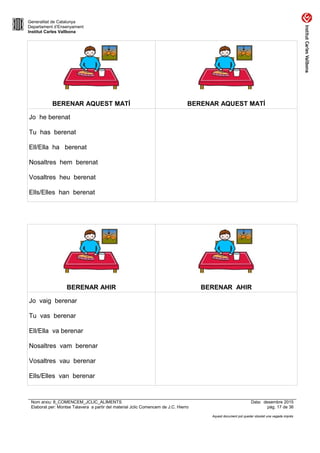 Generalitat de Catalunya
Departament d’Ensenyament
Institut Carles Vallbona
BERENAR AQUEST MATÍ BERENAR AQUEST MATÍ
Jo he berenat
Tu has berenat
Ell/Ella ha berenat
Nosaltres hem berenat
Vosaltres heu berenat
Ells/Elles han berenat
BERENAR AHIR BERENAR AHIR
Jo vaig berenar
Tu vas berenar
Ell/Ella va berenar
Nosaltres vam berenar
Vosaltres vau berenar
Ells/Elles van berenar
Nom arxiu: 8_COMENCEM_JCLIC_ALIMENTS Data: desembre 2015
Elaborat per: Montse Talavera a partir del material Jclic Comencem de J.C. Hierro pàg. 17 de 36
Aquest document pot quedar obsolet una vegada imprès
 