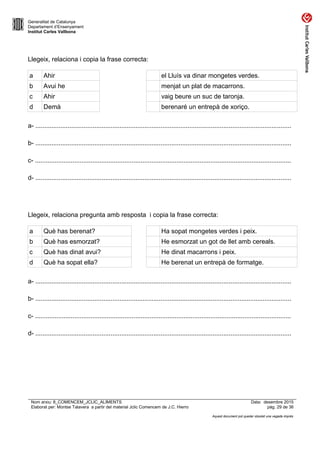 Generalitat de Catalunya
Departament d’Ensenyament
Institut Carles Vallbona
Llegeix, relaciona i copia la frase correcta:
a Ahir el Lluís va dinar mongetes verdes.
b Avui he menjat un plat de macarrons.
c Ahir vaig beure un suc de taronja.
d Demà berenaré un entrepà de xoriço.
a- ...............................................................................................................................................
b- ...............................................................................................................................................
c- ...............................................................................................................................................
d- ...............................................................................................................................................
Llegeix, relaciona pregunta amb resposta i copia la frase correcta:
a Què has berenat? Ha sopat mongetes verdes i peix.
b Què has esmorzat? He esmorzat un got de llet amb cereals.
c Què has dinat avui? He dinat macarrons i peix.
d Què ha sopat ella? He berenat un entrepà de formatge.
a- ...............................................................................................................................................
b- ...............................................................................................................................................
c- ...............................................................................................................................................
d- ...............................................................................................................................................
Nom arxiu: 8_COMENCEM_JCLIC_ALIMENTS Data: desembre 2015
Elaborat per: Montse Talavera a partir del material Jclic Comencem de J.C. Hierro pàg. 29 de 36
Aquest document pot quedar obsolet una vegada imprès
 