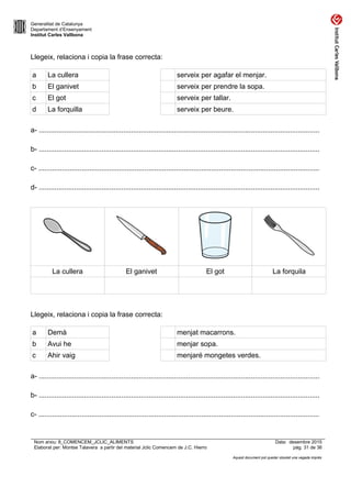 Generalitat de Catalunya
Departament d’Ensenyament
Institut Carles Vallbona
Llegeix, relaciona i copia la frase correcta:
a La cullera serveix per agafar el menjar.
b El ganivet serveix per prendre la sopa.
c El got serveix per tallar.
d La forquilla serveix per beure.
a- ...............................................................................................................................................
b- ...............................................................................................................................................
c- ...............................................................................................................................................
d- ...............................................................................................................................................
La cullera El ganivet El got La forquila
Llegeix, relaciona i copia la frase correcta:
a Demà menjat macarrons.
b Avui he menjar sopa.
c Ahir vaig menjaré mongetes verdes.
a- ...............................................................................................................................................
b- ...............................................................................................................................................
c- ...............................................................................................................................................
Nom arxiu: 8_COMENCEM_JCLIC_ALIMENTS Data: desembre 2015
Elaborat per: Montse Talavera a partir del material Jclic Comencem de J.C. Hierro pàg. 31 de 36
Aquest document pot quedar obsolet una vegada imprès
 
