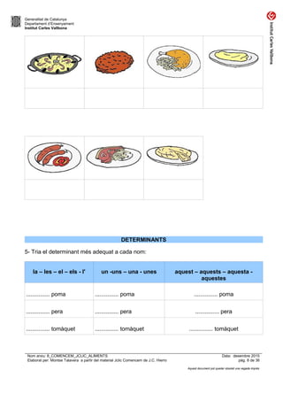 Generalitat de Catalunya
Departament d’Ensenyament
Institut Carles Vallbona
DETERMINANTS
5- Tria el determinant més adequat a cada nom:
la – les – el – els - l' un -uns – una - unes aquest – aquests – aquesta -
aquestes
............... poma ............... poma ............... poma
............... pera ............... pera ............... pera
............... tomàquet ............... tomàquet ............... tomàquet
Nom arxiu: 8_COMENCEM_JCLIC_ALIMENTS Data: desembre 2015
Elaborat per: Montse Talavera a partir del material Jclic Comencem de J.C. Hierro pàg. 8 de 36
Aquest document pot quedar obsolet una vegada imprès
 