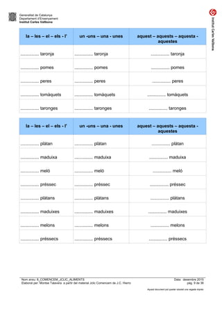 Generalitat de Catalunya
Departament d’Ensenyament
Institut Carles Vallbona
la – les – el – els - l' un -uns – una - unes aquest – aquests – aquesta -
aquestes
............... taronja ............... taronja ............... taronja
............... pomes ............... pomes ............... pomes
............... peres ............... peres ............... peres
............... tomàquets ............... tomàquets ............... tomàquets
............... taronges ............... taronges ............... taronges
la – les – el – els - l' un -uns – una - unes aquest – aquests – aquesta -
aquestes
............... plàtan ............... plàtan ............... plàtan
............... maduixa ............... maduixa ............... maduixa
............... meló ............... meló ............... meló
............... préssec ............... préssec ............... préssec
............... plàtans ............... plàtans ............... plàtans
............... maduixes ............... maduixes ............... maduixes
............... melons ............... melons ............... melons
............... préssecs ............... préssecs ............... préssecs
Nom arxiu: 8_COMENCEM_JCLIC_ALIMENTS Data: desembre 2015
Elaborat per: Montse Talavera a partir del material Jclic Comencem de J.C. Hierro pàg. 9 de 36
Aquest document pot quedar obsolet una vegada imprès
 