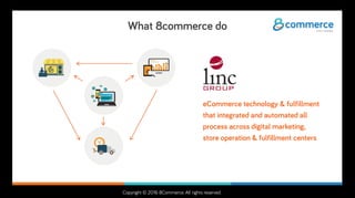 Copyright © 2016 8Commerce. All rights reserved.
What 8commerce do
eCommerce technology & fulfillment
that integrated and automated all
process across digital marketing,
store operation & fulfillment centers
 