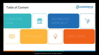 Copyright © 2016 8Commerce. All rights reserved.
Table of Content
CONDITION
NOW
DISTRIBUTED
APPROACH
TECHNOLOGY CONCLUSION
 