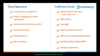 Copyright © 2016 8Commerce. All rights reserved.
Store Operations
Proactive order management
Product cataloging and content
management
Fulfillment Center
Multi location (7 main cities)
– faster, lower cost
Multi channel
Customer service (pre & post sales)
Payment (3rd party)
Infor WMS
Real time stock information
Order status update, Detailed tracking
ISO 9001, 14001, OHSAS 18001
Shared resources
Return handling
Decades of experience
 