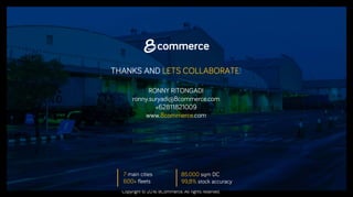Copyright © 2016 8Commerce. All rights reserved.
THANKS AND LETS COLLABORATE!
RONNY RITONGADI
ronny.suryadi@8commerce.com
+62811821009
www.8commerce.com
85.000 sqm DC
99,8% stock accuracy
7 main cities
600+ fleets
 