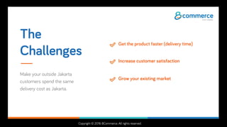 Copyright © 2016 8Commerce. All rights reserved.
The
Challenges
Make your outside Jakarta
customers spend the same
delivery cost as Jakarta.
Get the product faster (delivery time)
Increase customer satisfaction
Grow your existing market
 