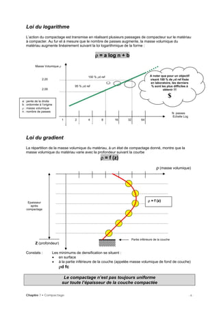 Loi du logarithme
L’action du compactage est transmise en réalisant plusieurs passages de compacteur sur le matériau
à compacter. Au fur et à mesure que le nombre de passes augmente, la masse volumique du
matériau augmente linéairement suivant la loi logarithmique de la forme :
ρ = a log n + b
Chapitre 7 • Compactage - 3 -
Loi du gradient
La répartition de la masse volumique du matériau, à un état de compactage donné, montre que la
masse volumique du matériau varie avec la profondeur suivant la courbe
ρ = f (z)
ρ (masse volumique)
A noter que pour un objectif
visant 100 % de ρd ref fixée
en laboratoire, les derniers
% sont les plus difficiles à
obtenir !!!
$
643216
Masse Volumique ρ
100 % ρd ref
2 41
Epaisseur
après
compactage
Partie inférieure de la couche
ρ = f (z)
8
N passes
Echelle Log
2.20
2.09
95 % ρd ref
a : pente de la droite
b : ordonnée à l’origine
ρ : masse volumique
n : nombre de passes
Z (profondeur)
Constats : Les minimums de densification se situent :
• en surface
• à la partie inférieure de la couche (appelée masse volumique de fond de couche)
ρd fc
Le compactage n’est pas toujours uniforme
sur toute l’épaisseur de la couche compactée
 