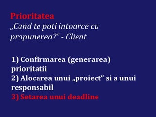 Prioritatea
„Cand te poti intoarce cu
propunerea?” - Client
1) Confirmarea (generarea)
prioritatii
2) Alocarea unui „proiect” si a unui
responsabil
3) Setarea unui deadline
 