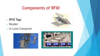 Components of RFID
 RFID Tags
 Reader
 In Lane Computer
 