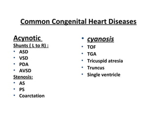 Common Congenital Heart Diseases
Acynotic
Shunts ( L to R) :
• ASD
• VSD
• PDA
• AVSD
Stenosis:
• AS
• PS
• Coarctation
• ...