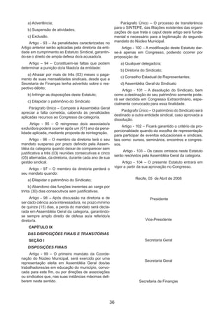 36
a) Advertência;
b) Suspensão de atividades;
c) Exclusão.
Artigo - 93 – As penalidades caracterizadas no
Artigo anterior serão aplicadas pela diretoria da enti-
dade em cumprimento ao Estatuto Sindical, garantin-
do-se o direito de ampla defesa do/a acusado/a.
Artigo – 94 – Constituem-se faltas que podem
determinar a punição do/a filiado/a da entidade:
a) Atrasar por mais de três (03) meses o paga-
mento de suas mensalidades sindicais, desde que a
Secretaria de Finanças tenha advertido sobre o res-
pectivo débito;
b) Infringir as disposições deste Estatuto;
c) Dilapidar o patrimônio do Sindicato
Parágrafo Único – Compete à Assembléia Geral
apreciar a falta cometida, cabendo às penalidades
aplicadas recursos ao Congresso da categoria.
Artigo - 95 – O reingresso do/a associado/a
excluído/a poderá ocorrer após um (01) ano da pena-
lidade aplicada, mediante proposta de reintegração.
Artigo - 96 – O membro da diretoria terá o seu
mandato suspenso por prazo definido pela Assem-
bléia da categoria quando deixar de comparecer sem
justificativa a três (03) reuniões consecutivas e cinco
(05) alternadas, da diretoria, durante cada ano de sua
gestão sindical.
Artigo - 97 – O membro da diretoria perderá o
seu mandato quando:
a) Dilapidar o patrimônio do Sindicato;
b) Abandono das funções inerentes ao cargo por
trinta (30) dias consecutivos sem justificativas.
Artigo - 98 – Após discussão na diretoria e de
ser dado ciência ao/a interessado/a, no prazo mínimo
de quinze (15) dias, a perda do mandato será decla-
rada em Assembléia Geral da categoria, garantindo-
se sempre amplo direito de defesa ao/a referido/a
diretor/a.
CAPÍTULO IX
DAS DISPOSIÇÕES FINAIS E TRANSITÓRIAS
SEÇÃO I
DISPOSIÇÕES FINAIS
Artigo - 99 – O primeiro mandato da Coorde-
nação do Núcleo Municipal, será exercido por uma
representação eleita em Assembléia Geral dos/as
trabalhadores/as em educação do município, convo-
cada para este fim, ou por direções de associações
ou sindicatos que, nas suas instâncias máximas deli-
berem neste sentido.
Parágrafo Único – O processo de transferência
para o SINTEPE, das filiações existentes das organi-
zações de que trata o caput deste artigo será funda-
mental e necessário para a legitimação do segundo
mandato do Núcleo Municipal.
Artigo - 100 – A modificação deste Estatuto dar-
se-á apenas em Congresso, podendo ocorrer por
proposição de:
a) Qualquer delegado/a;
b) Diretoria do Sindicato;
c) Conselho Estadual de Representantes;
d) Assembléia Geral do Sindicato
Artigo - 101 – A dissolução do Sindicato, bem
como a destinação do seu patrimônio somente pode-
rá ser decidida em Congresso Extraordinário, espe-
cialmente convocado para essa finalidade.
Parágrafo Único – O patrimônio do Sindicato será
destinado a outra entidade sindical, caso aprovada a
dissolução.
Artigo - 102 – Ficará garantido o critério da pro-
porcionalidade quando da escolha de representação
para participar de eventos educacionais e sindicais,
tais como: cursos, seminários, encontros e congres-
sos.
Artigo - 103 – Os casos omissos neste Estatuto
serão resolvidos pela Assembléia Geral da categoria.
Artigo - 104 – O presente Estatuto entrará em
vigor a partir da sua aprovação no Congresso.
Recife, 05 de Abril de 2008
Presidente
Vice-Presidente
Secretaria Geral
Secretaria Geral
Secretaria de Finanças
 