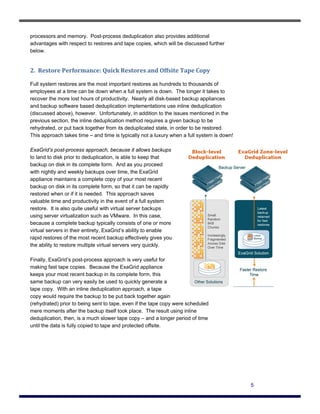 processors and memory. Post-process deduplication also provides additional
advantages with respect to restores and tape copies, which will be discussed further
below.


2.  Restore Performance: Quick Restores and Offsite Tape Copy 

Full system restores are the most important restores as hundreds to thousands of
employees at a time can be down when a full system is down. The longer it takes to
recover the more lost hours of productivity. Nearly all disk-based backup appliances
and backup software based deduplication implementations use inline deduplication
(discussed above), however. Unfortunately, in addition to the issues mentioned in the
previous section, the inline deduplication method requires a given backup to be
rehydrated, or put back together from its deduplicated state, in order to be restored.
This approach takes time – and time is typically not a luxury when a full system is down!

ExaGrid’s post-process approach, because it allows backups
to land to disk prior to deduplication, is able to keep that
backup on disk in its complete form. And as you proceed
with nightly and weekly backups over time, the ExaGrid
appliance maintains a complete copy of your most recent
backup on disk in its complete form, so that it can be rapidly
restored when or if it is needed. This approach saves
valuable time and productivity in the event of a full system
restore. It is also quite useful with virtual server backups
using server virtualization such as VMware. In this case,
because a complete backup typically consists of one or more
virtual servers in their entirety, ExaGrid’s ability to enable
rapid restores of the most recent backup effectively gives you
the ability to restore multiple virtual servers very quickly.

Finally, ExaGrid’s post-process approach is very useful for
making fast tape copies. Because the ExaGrid appliance
keeps your most recent backup in its complete form, this
same backup can very easily be used to quickly generate a
tape copy. With an inline deduplication approach, a tape
copy would require the backup to be put back together again
(rehydrated) prior to being sent to tape, even if the tape copy were scheduled
mere moments after the backup itself took place. The result using inline
deduplication, then, is a much slower tape copy – and a longer period of time
until the data is fully copied to tape and protected offsite.
                                 




                                                                                            5
 