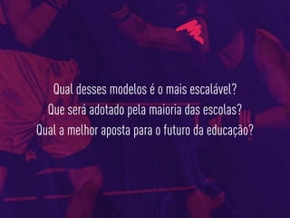 Qual desses modelos é o mais escalável?
Que será adotado pela maioria das escolas?
Qual a melhor aposta para o futuro da educação?
 