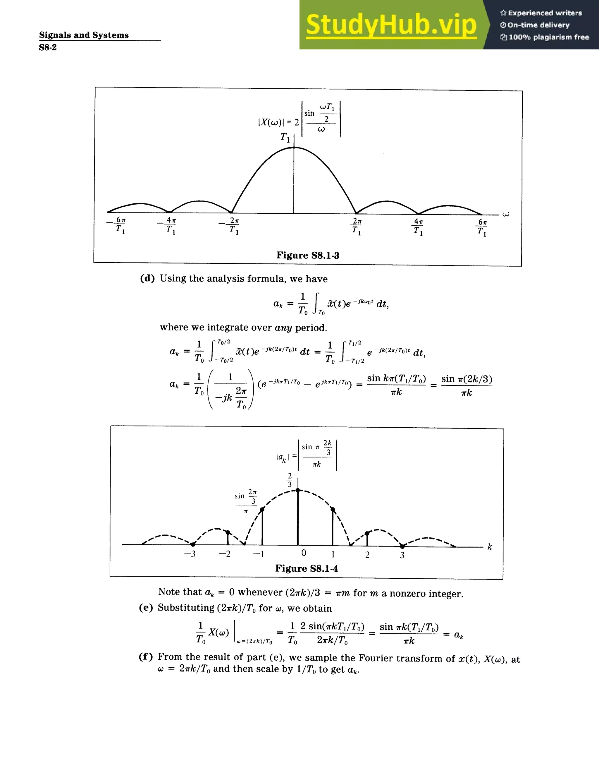 Signals and Systems
S8-2
(d) Using the analysis formula, we have
ak = T f X(t)e ~jk 0
t dt,
where we integrate over any period.
_ 1
ak -T e ­jk(2/T )t dt
fT (t)e ­jk(2w/T)t dt = fT1 /2 O
- To12 TO -T
1
/2
To
1
ak = (e jkirToT 0 ­­ eikir1/TO) =
sin kr(T
1 /T 0 ) _ sin ,r(2k/3)
TO ,rk 7rk
­jk 2,
Note that ak = 0 whenever (27rk)/3 = irm for m a nonzero integer.
(e) Substituting (21rk)/To for o, we obtain
T
_1X( =2)T
1 2 sin(7rkT
1 /T0 ) sin rk(T1 /T 0 )
ak
TO I"=(21rk)/ To To 2,rk/To ,rk =
(f) From the result of part (e), we sample the Fourier transform of x( t), X(w), at
w = 2irk/To and then scale by 1/To to get ak.
 