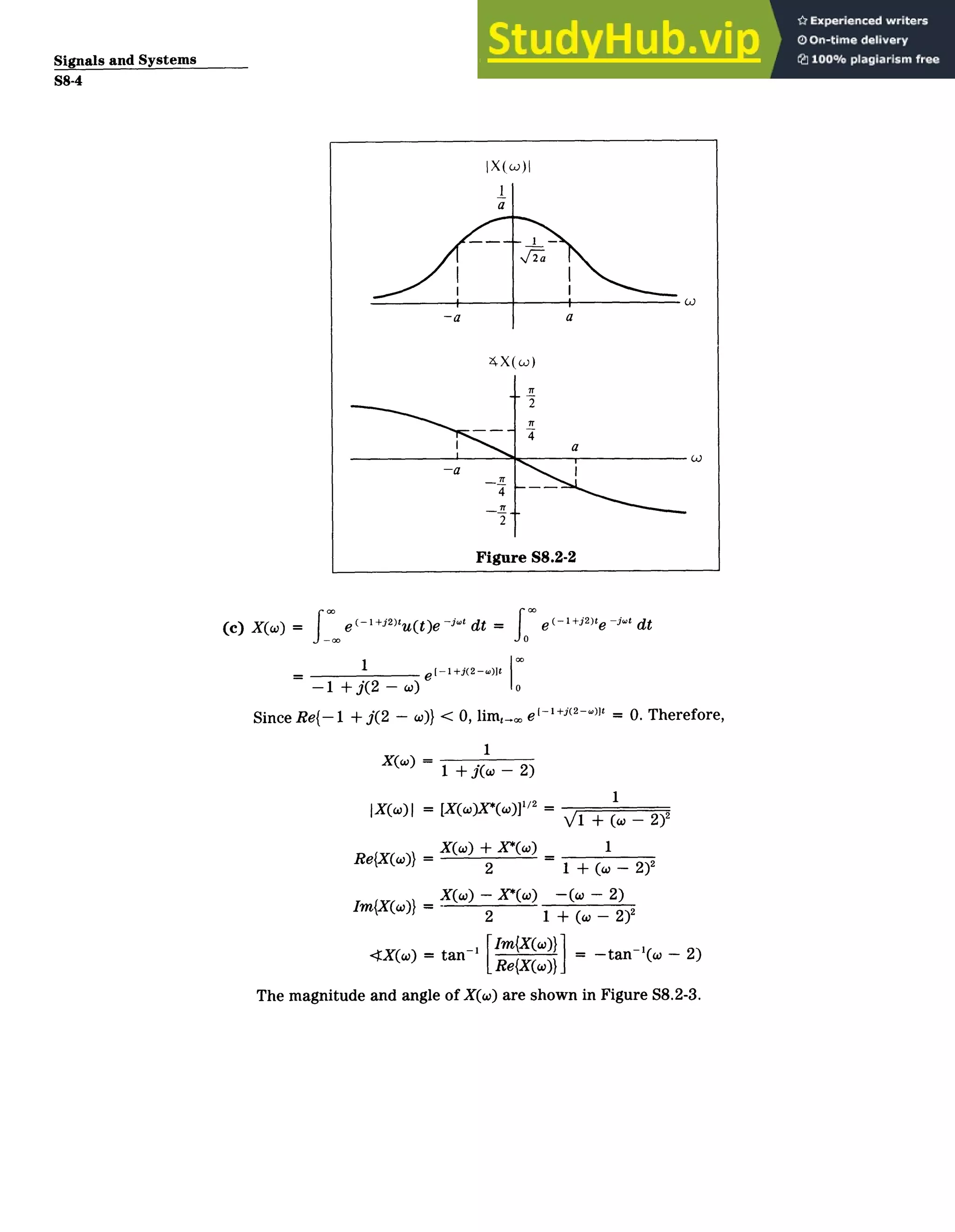Signals and Systems
S8­4
IX(w)I
­a a
4X(W)
2
Tro
­aa
2T
Figure S8.2-2
(c) X(o) = e 1+1
2)tU(t )e ­'''dt = e(­1+ 2
)te ­jct dt
1
[ 1-+j(2-)t 0
1 + j(2 ­ )0
Since Re{­1 + j(2 - w)} < 0, lim, e[­ 1+j(2­w) = 0. Therefore,
1
1 + j(o - 2)
1
IX(wO)| = [X(x)X*(W)]11 2
=
/1 + (o
w­ 2)
2
X(w) + X*(W) 1
Re{X()} =
2 1 + (w ­ 2)2
X(w) - X*(co) ­(o ­ 2)
Im{X(W)} =
2 1 + ((A ­2)2
X() = tan­' ImX(W) ­tan­'(w - 2)
LRe{X(w)}
The magnitude and angle of X(w) are shown in Figure S8.2-3.
 
