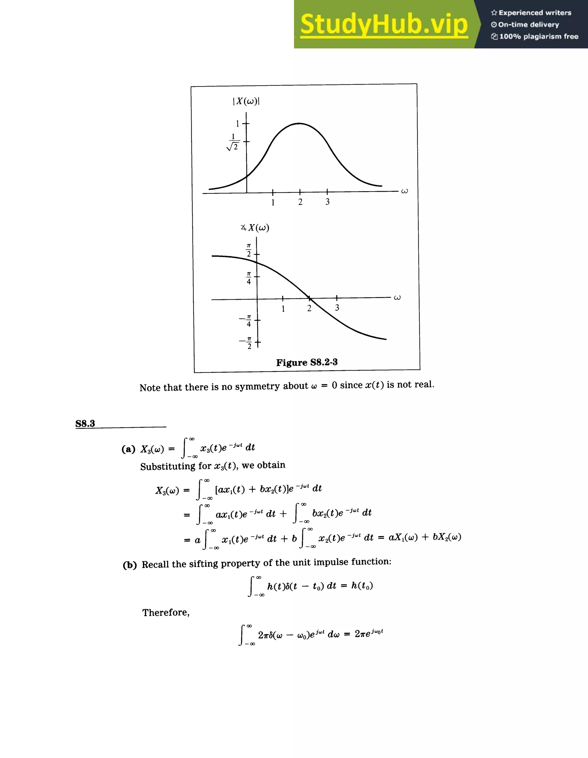 Continuous-Time Fourier Transform/ Solutions
S8-5
X(w)I
1
1 2 3
4X(W)
Figure S8.2-3
Note that there is no symmetry about w = 0 since x(t) is not real.
S8.3
(a) X3(w) = X3(t)e ­' dt
Substituting for x3(t), we obtain
X3(() = J [ax1(t) + bx 2(t0)e 1­'dt
=f ax1(t)e ­wt dt + bx 2(t)e ­jwt dt
= af x1(t)e ­j dt + b f x 2(t)e ­­ ' dt = aX
1(w) + bX 2(w)
(b) Recall the sifting property of the unit impulse function:
f h(t)b(t - to) dt = h(t o)
Therefore,
21rb(w - wo)ej­' do = 2rewot
 