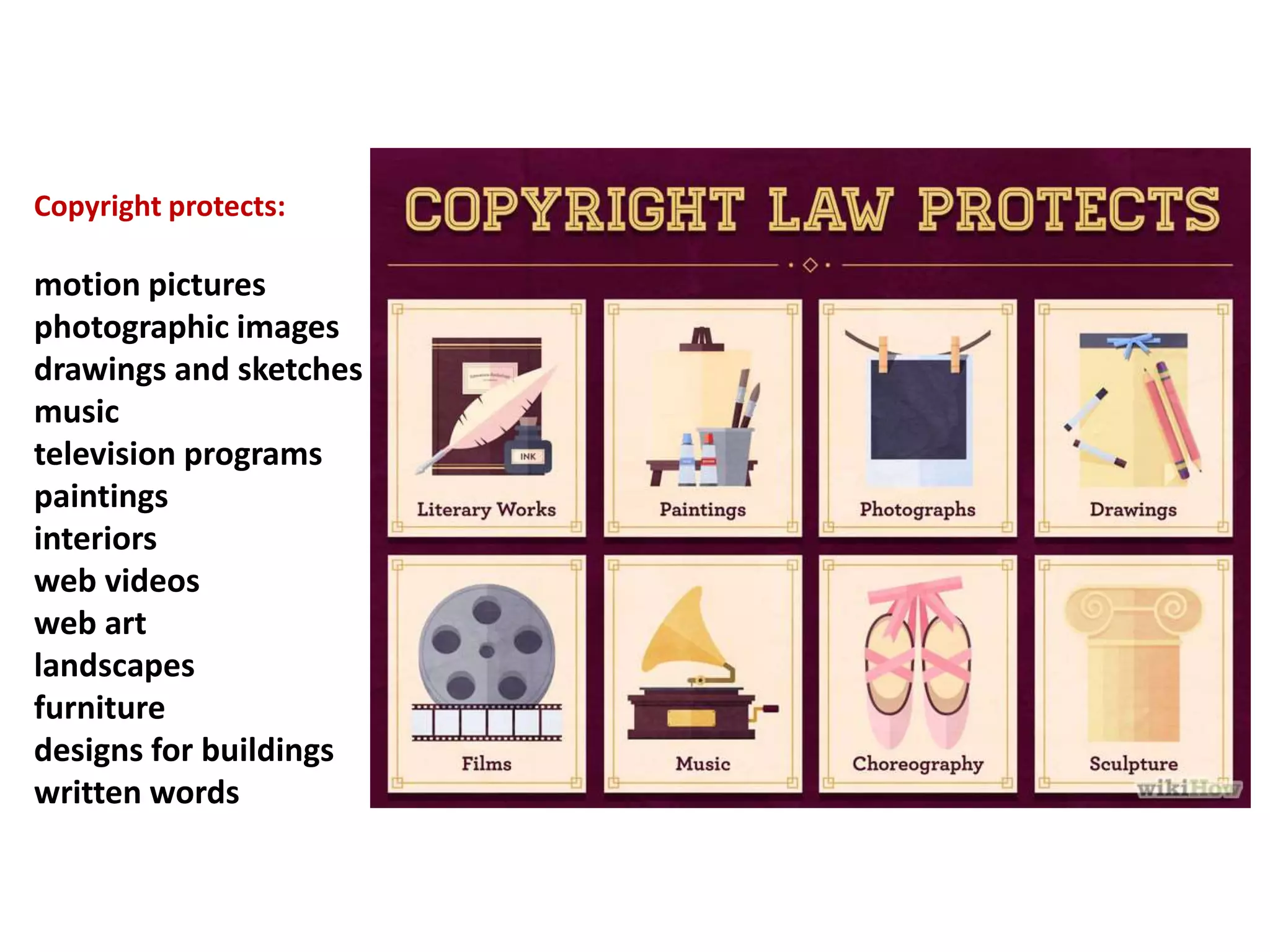 Copyright protects:
motion pictures
photographic images
drawings and sketches
music
television programs
paintings
interiors
web videos
web art
landscapes
furniture
designs for buildings
written words
 
