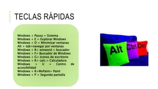 TECLAS RÁPIDAS
Windows + Pausa = Sistema
Windows + E = Explorar Windows
Windows + D = Minimizar ventanas
Alt + tab=navegar por ventanas
Windows + R+ winword = buscador
Windows + F= Buscador de Windows
Windows + G= Iconos de escritorio
Windows + R+ calc.= Calculadora
Windows + U = Centro de
accesibilidad
Windows + R+MsPaint= Paint
Windows + P = Segunda pantalla
 