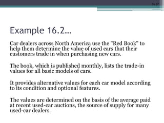 16.17
Example 16.2…
Car dealers across North America use the "Red Book" to
help them determine the value of used cars that their
customers trade in when purchasing new cars.
The book, which is published monthly, lists the trade-in
values for all basic models of cars.
It provides alternative values for each car model according
to its condition and optional features.
The values are determined on the basis of the average paid
at recent used-car auctions, the source of supply for many
used-car dealers.
 