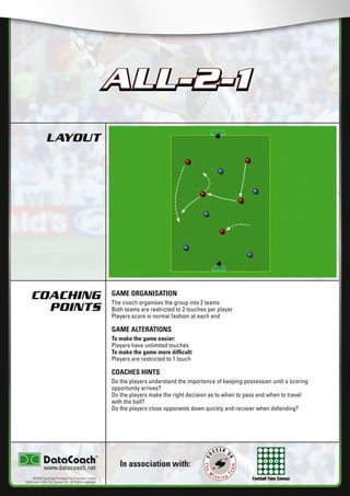 Football Fans Census
LAYOUT
COACHING
POINTS
In association with:
©2006 Copyright Football Fans Central Limited,
DataCoach USA. Inc, Soccer UK. All Rights reserved.
www.datacoach.net
ALL-2-1
GAME ORGANISATION
The coach organises the group into 2 teams
Both teams are restricted to 2 touches per player
Players score in normal fashion at each end
GAME ALTERATIONS
To make the game easier:
Players have unlimited touches
To make the game more difﬁcult:
Players are restricted to 1 touch
COACHES HINTS
Do the players understand the importance of keeping possession until a scoring
opportunity arrives?
Do the players make the right decision as to when to pass and when to travel
with the ball?
Do the players close opponents down quickly and recover when defending?
ALL-2-1
������������������������ �����������������
 