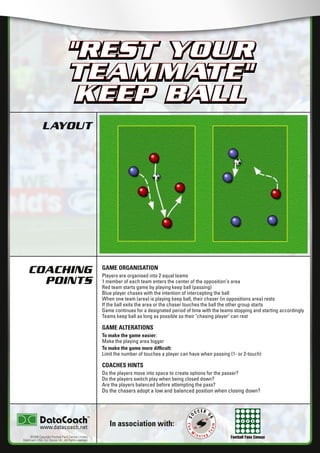Football Fans Census
LAYOUT
COACHING
POINTS
In association with:
©2006 Copyright Football Fans Central Limited,
DataCoach USA. Inc, Soccer UK. All Rights reserved.
www.datacoach.net
"REST YOUR
TEAMMATE"
KEEP BALL
GAME ORGANISATION
Players are organised into 2 equal teams
1 member of each team enters the center of the opposition's area
Red team starts game by playing keep ball (passing)
Blue player chases with the intention of intercepting the ball
When one team (area) is playing keep ball, their chaser (in oppositions area) rests
If the ball exits the area or the chaser touches the ball the other group starts
Game continues for a designated period of time with the teams stopping and starting accordingly
Teams keep ball as long as possible so their "chasing player" can rest
GAME ALTERATIONS
To make the game easier:
Make the playing area bigger
To make the game more difﬁcult:
Limit the number of touches a player can have when passing (1- or 2-touch)
COACHES HINTS
Do the players move into space to create options for the passer?
Do the players switch play when being closed down?
Are the players balanced before attempting the pass?
Do the chasers adopt a low and balanced position when closing down?
"REST YOUR
TEAMMATE"
KEEP BALL
������������������������ �����������������
 