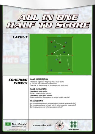 Football Fans Census
LAYOUT
COACHING
POINTS
In association with:
©2006 Copyright Football Fans Central Limited,
DataCoach USA. Inc, Soccer UK. All Rights reserved.
www.datacoach.net
ALL IN ONE
HALF TO SCORE
GAME ORGANISATION
The coach organises the group into 2 equal teams
A half way line is marked out with cones
To score, all players must be attacking in half of the pitch
GAME ALTERATIONS
To make the game easier:
Players have unlimited touches
To make the game more difﬁcult:
Goals are doubled if opponents do not get back in own half
COACHES HINTS
Do the players remember to move forward together when attacking?
Do the players attempt to break quickly when regaining possession?
Do the players recover when possession is lost?
ALL IN ONE
HALF TO SCORE
������������������������ �����������������
 