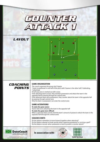 Football Fans Census
LAYOUT
COACHING
POINTS
In association with:
©2006 Copyright Football Fans Central Limited,
DataCoach USA. Inc, Soccer UK. All Rights reserved.
www.datacoach.net
COUNTER
ATTACK 1
GAME ORGANISATION
The coach organises the group into 3 teams
1 team is positioned in one half of the pitch with 2 teams in the other half (1 defending,
1 attacking)
A half way zone is marked out with cones
If the attacking team scores, they maintain possession and attack the team in the
opposite half by passing through the central zone
If the defensive team wins possession, they counter attack the team in the opposite half
by passing through central zone
Only the team in possession can enter the central zone
GAME ALTERATIONS
To make the game easier:
Teams take turns attacking the team in the opposite half
To make the game more difﬁcult:
When a goal has been scored, limit the team's amount of passes to attack the team in the
opposite half (through the central zone)
COACHES HINTS
Do the players remember to move forward together when attacking?
Do the players attempt to break quickly when regaining possession or scoring a goal?
Do the players recover when possession is lost to prevent a counter attack?
COUNTER
ATTACK 1
������������������������ �����������������
 