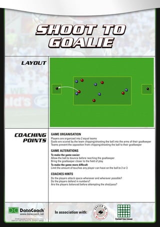 Football Fans Census
LAYOUT
COACHING
POINTS
In association with:
©2006 Copyright Football Fans Central Limited,
DataCoach USA. Inc, Soccer UK. All Rights reserved.
www.datacoach.net
SHOOT TO
GOALIE
GAME ORGANISATION
Players are organized into 2 equal teams
Goals are scored by the team chipping/shooting the ball into the arms of their goalkeeper
Teams prevent the opposition from chipping/shooting the ball to their goalkeeper
GAME ALTERATIONS
To make the game easier:
Allow the ball to bounce before reaching the goalkeeper
Bring the goalkeeper closer to the ﬁeld of play
To make the game more difﬁcult:
Limit the amount of touches any player can have on the ball to 2 or 3
COACHES HINTS
Do the players attack space whenever and wherever possible?
Do the players defend in numbers?
Are the players balanced before attempting the shot/pass?
SHOOT TO
GOALIE
������������������������ �����������������
 