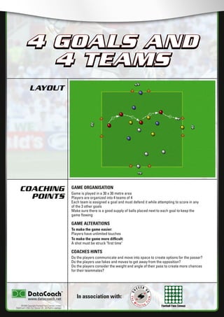 Football Fans Census
LAYOUT
COACHING
POINTS
In association with:
©2006 Copyright Football Fans Central Limited,
DataCoach USA. Inc, Soccer UK. All Rights reserved.
www.datacoach.net
4 GOALS AND
4 TEAMS
GAME ORGANISATION
Game is played in a 30 x 30 metre area
Players are organized into 4 teams of 4
Each team is assigned a goal and must defend it while attempting to score in any
of the 3 other goals
Make sure there is a good supply of balls placed next to each goal to keep the
game ﬂowing
GAME ALTERATIONS
To make the game easier:
Players have unlimited touches
To make the game more difﬁcult:
A shot must be struck "ﬁrst time"
COACHES HINTS
Do the players communicate and move into space to create options for the passer?
Do the players use fakes and moves to get away from the opposition?
Do the players consider the weight and angle of their pass to create more chances
for their teammates?
4 GOALS AND
4 TEAMS
������������������������ �����������������
 