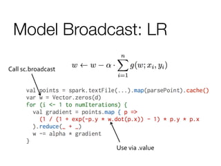 Model Broadcast: LR
Use	
  via	
  .value	
  
Call	
  sc.broadcast	
  
 