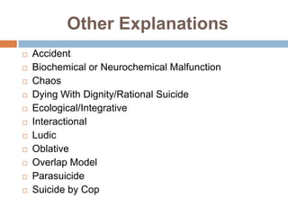 Other Explanations
   Accident
   Biochemical or Neurochemical Malfunction
   Chaos
   Dying With Dignity/Rational Suicide
   Ecological/Integrative
   Interactional
   Ludic
   Oblative
   Overlap Model
   Parasuicide
   Suicide by Cop
 