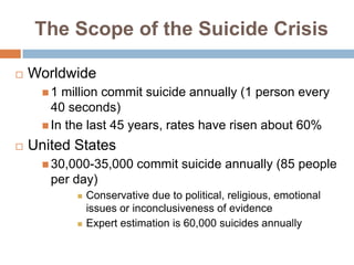 The Scope of the Suicide Crisis

   Worldwide
      1  million commit suicide annually (1 person every
        40 seconds)
       In the last 45 years, rates have risen about 60%

   United States
       30,000-35,000      commit suicide annually (85 people
       per day)
               Conservative due to political, religious, emotional
                issues or inconclusiveness of evidence
               Expert estimation is 60,000 suicides annually
 