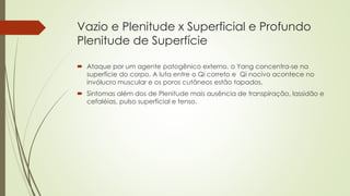 Vazio e Plenitude x Superficial e Profundo
Plenitude de Superfície
 Ataque por um agente patogênico externo, o Yang concentra-se na
superfície do corpo. A luta entre o Qi correto e Qi nocivo acontece no
invólucro muscular e os poros cutâneos estão tapados.
 Sintomas além dos de Plenitude mais ausência de transpiração, lassidão e
cefaléias, pulso superficial e tenso.
 